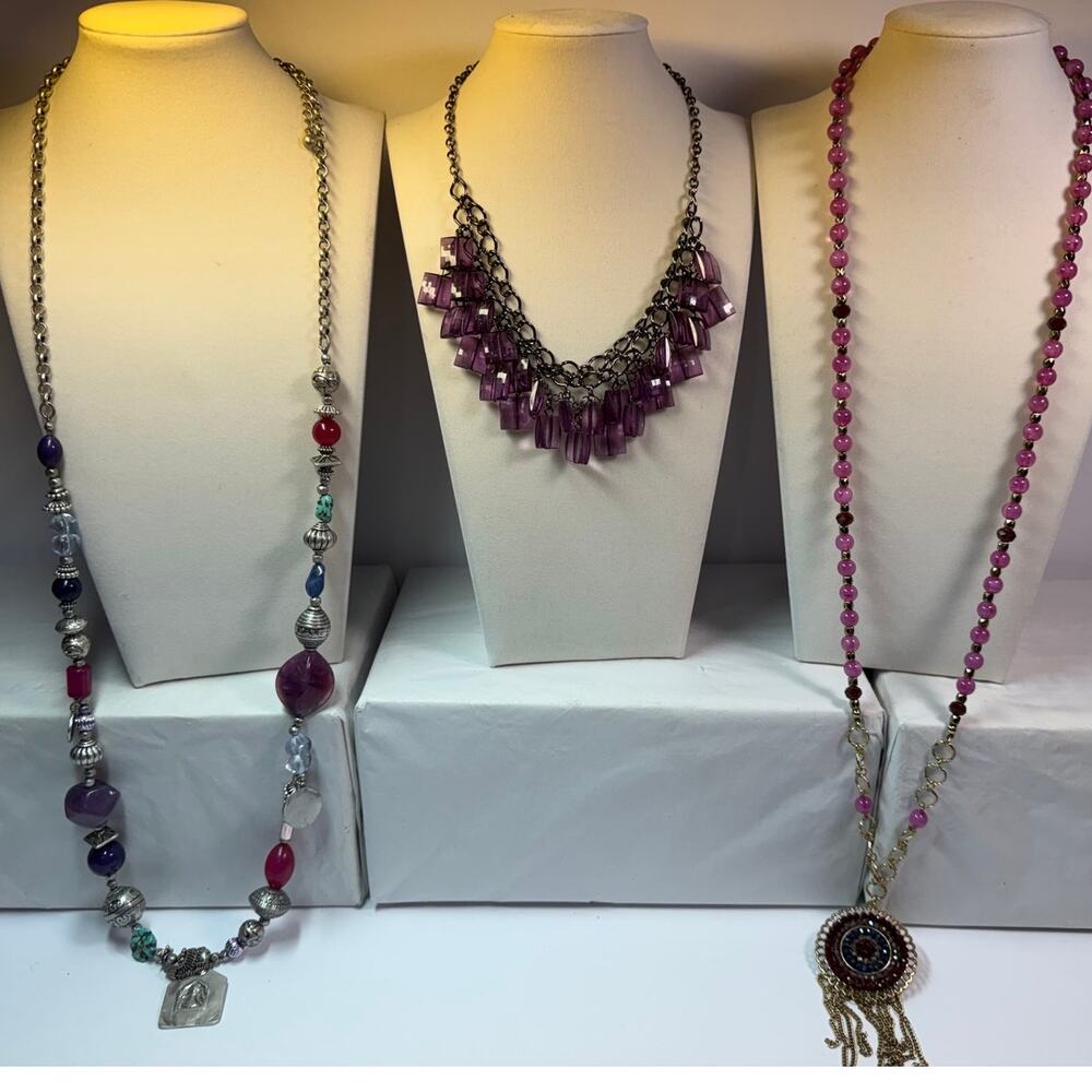 3 purple lavender statement bib flower floral bling enamel necklaces bundle lot